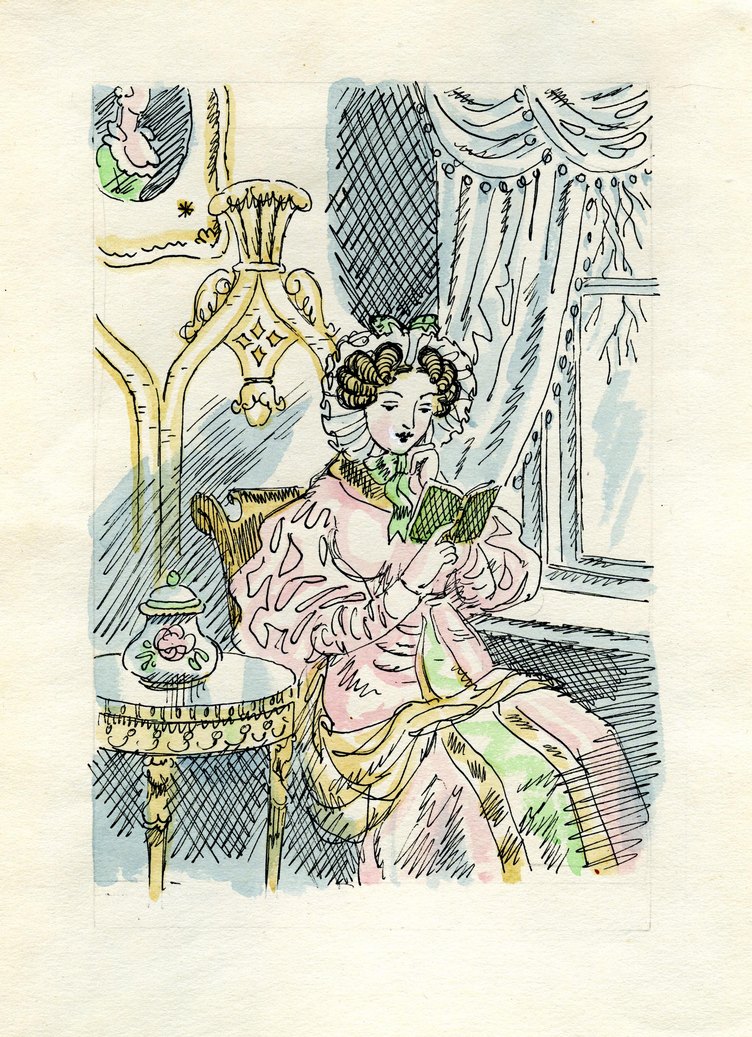 Н.В. Кузьмин Иллюстрация к поэме А.С. Пушкина «Граф Нулин» Наталья Павловна за чтением романа. 1957. Бумага, акварель, перо, тушь Н.В. Кузьмин Иллюстрация к поэме А.С. Пушкина «Граф Нулин» Наталья Павловна за чтением романа. 1957. Бумага, акварель, перо, тушь