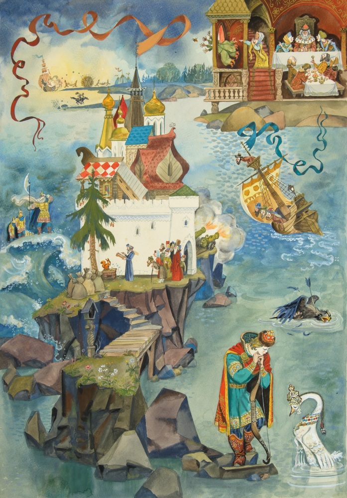 А.М. Елисеев Иллюстрация к «Сказке о царе Салтане» А.С. Пушкина. 1990 Панно из серии «Сказки А.С. Пушкина» Бумага, акварель, гуашь А.М. Елисеев Иллюстрация к «Сказке о царе Салтане» А.С. Пушкина. 1990 Панно из серии «Сказки А.С. Пушкина» Бумага, акварель, гуашь
