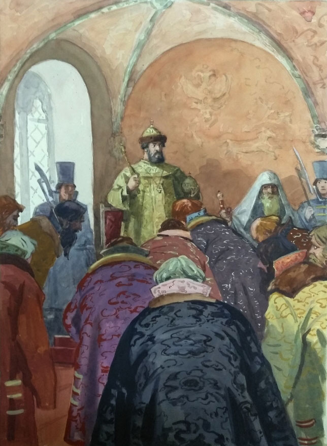 А.П. Бубнов Борис и бояре. Иллюстрация к трагедии "Борис Годунов" А.С. Пушкина. 1956 Бумага, акварель, гуашь, белила А.П. Бубнов Борис и бояре. Иллюстрация к трагедии "Борис Годунов" А.С. Пушкина. 1956 Бумага, акварель, гуашь, белила