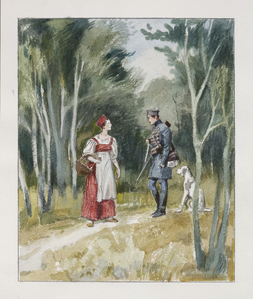 А.З. Иткин Иллюстрация к «Повестям Белкина» А.С. Пушкина. «Барышня-крестьянка». Встреча Лизы и Алексея в лесу. 2018 Бумага, акварель, карандаш А.З. Иткин Иллюстрация к «Повестям Белкина» А.С. Пушкина. «Барышня-крестьянка». Встреча Лизы и Алексея в лесу. 2018 Бумага, акварель, карандаш